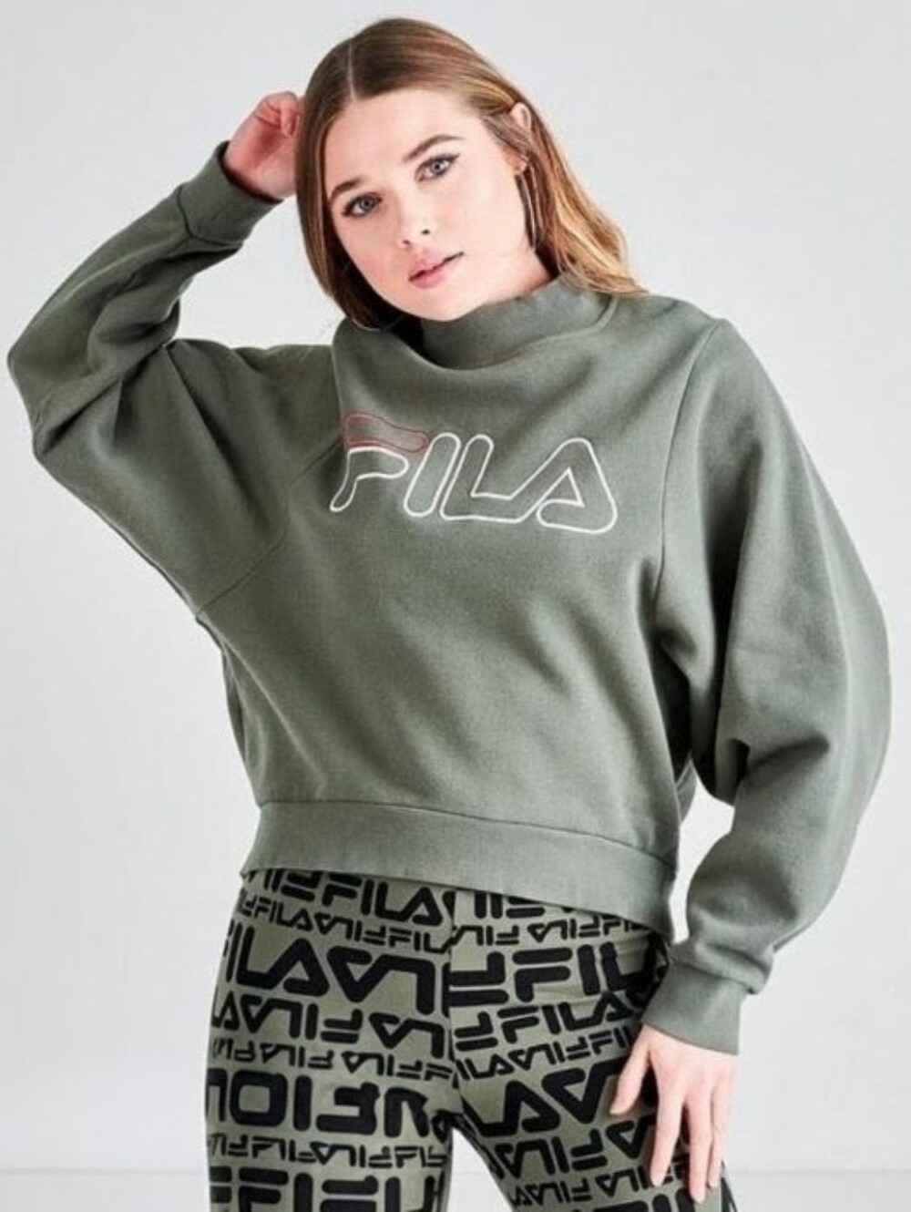 FILA Olive Green Embroidered Logo Hanami Hi Low Modern Sweatshirt Women's XL